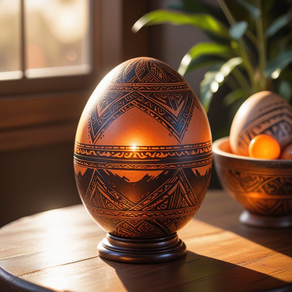 Egg Adorned with Tribal Tattoos in Hyperrealistic Tropical S...