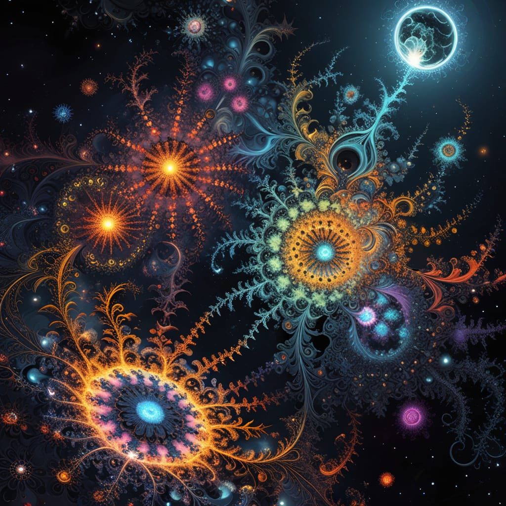 Fractal Galaxy Blooms with Celestial Forms