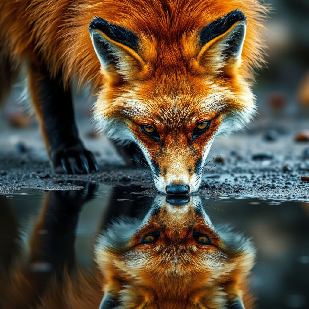Majestic Red Fox Gazing at Reflection in Puddle