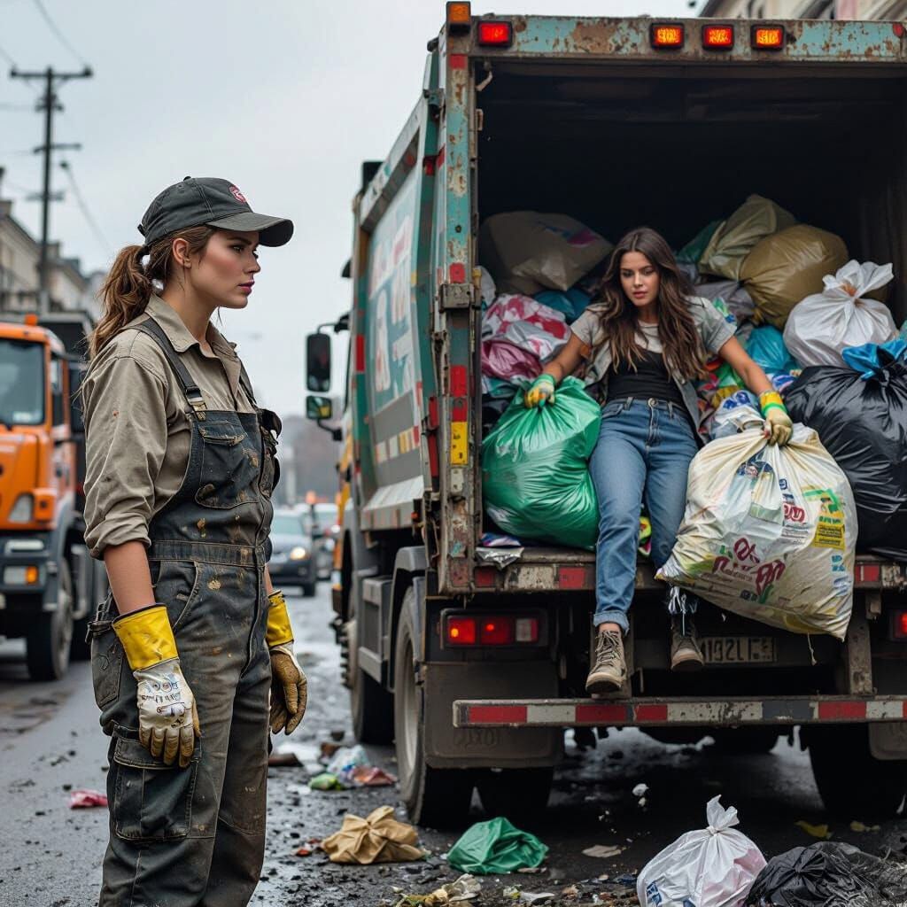 Woman Thrown in Garbage Truck, Gritty Realism Style