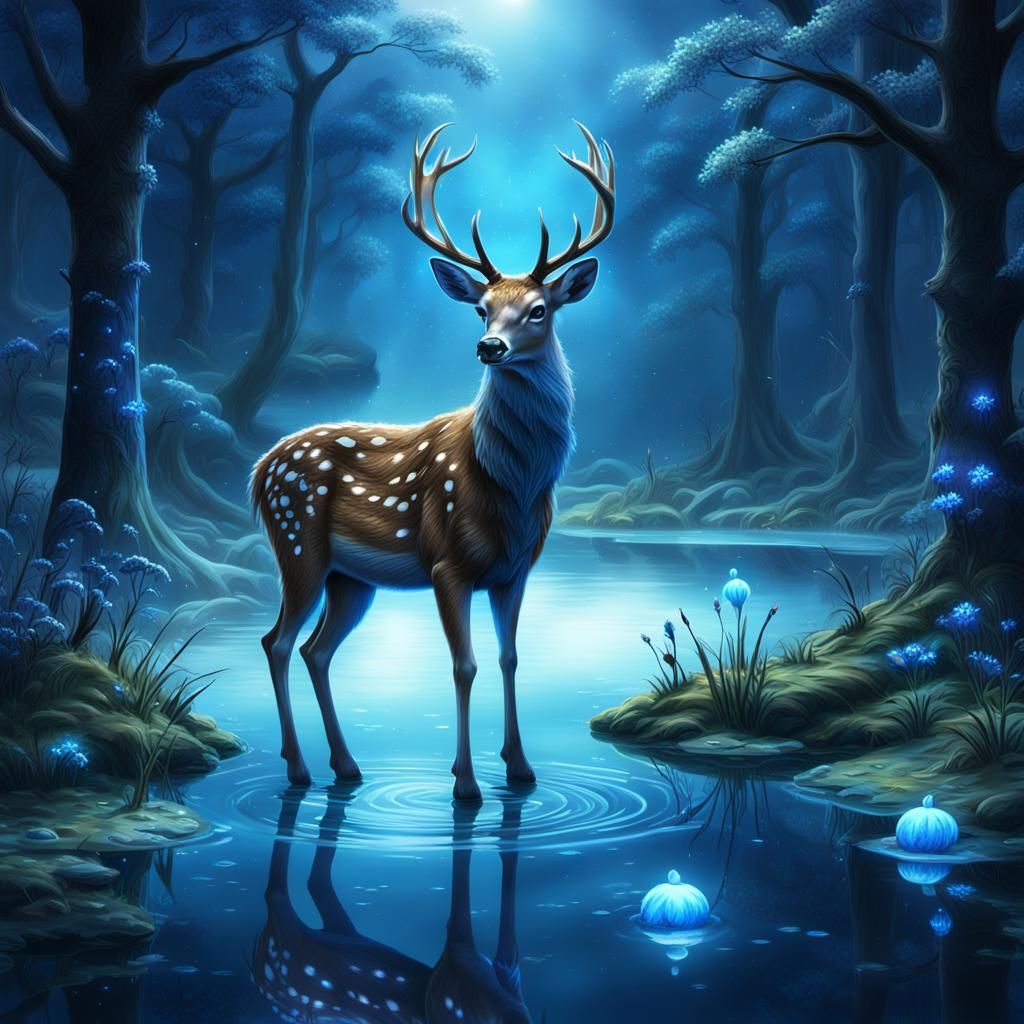 Mystical Deer with Blue Glowworms: Fantasy Concept Art