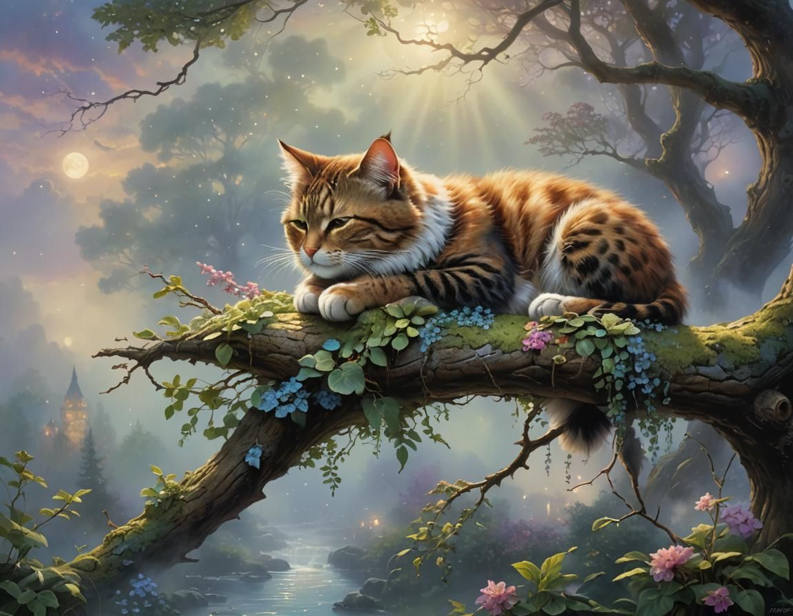 Cat Nap on Branch in Ethereal Fantasy Style