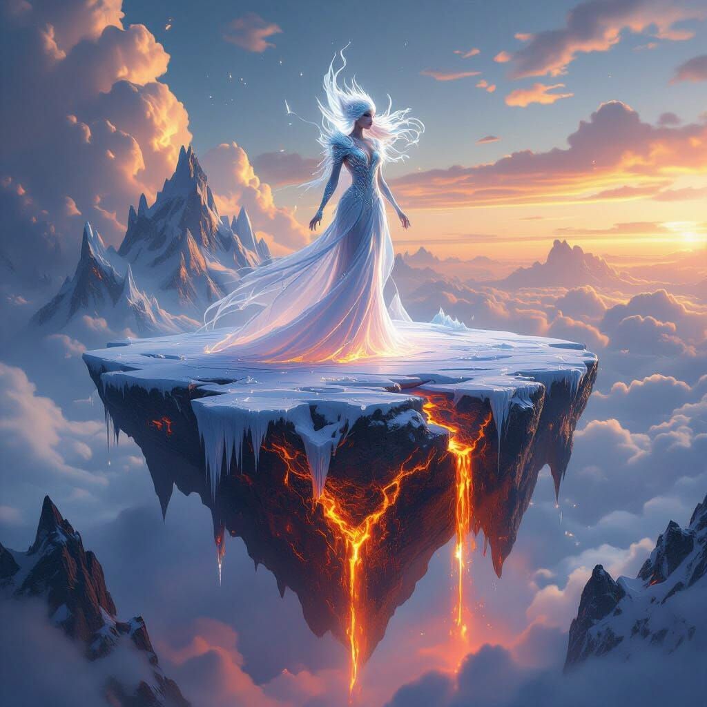 Ethereal Goddess of Ice and Fire on Floating Island
