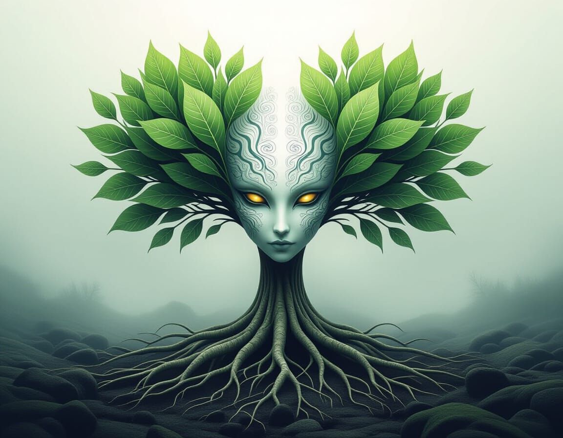 Surreal Creature in Synesthetic Forest of Roots and Leaves