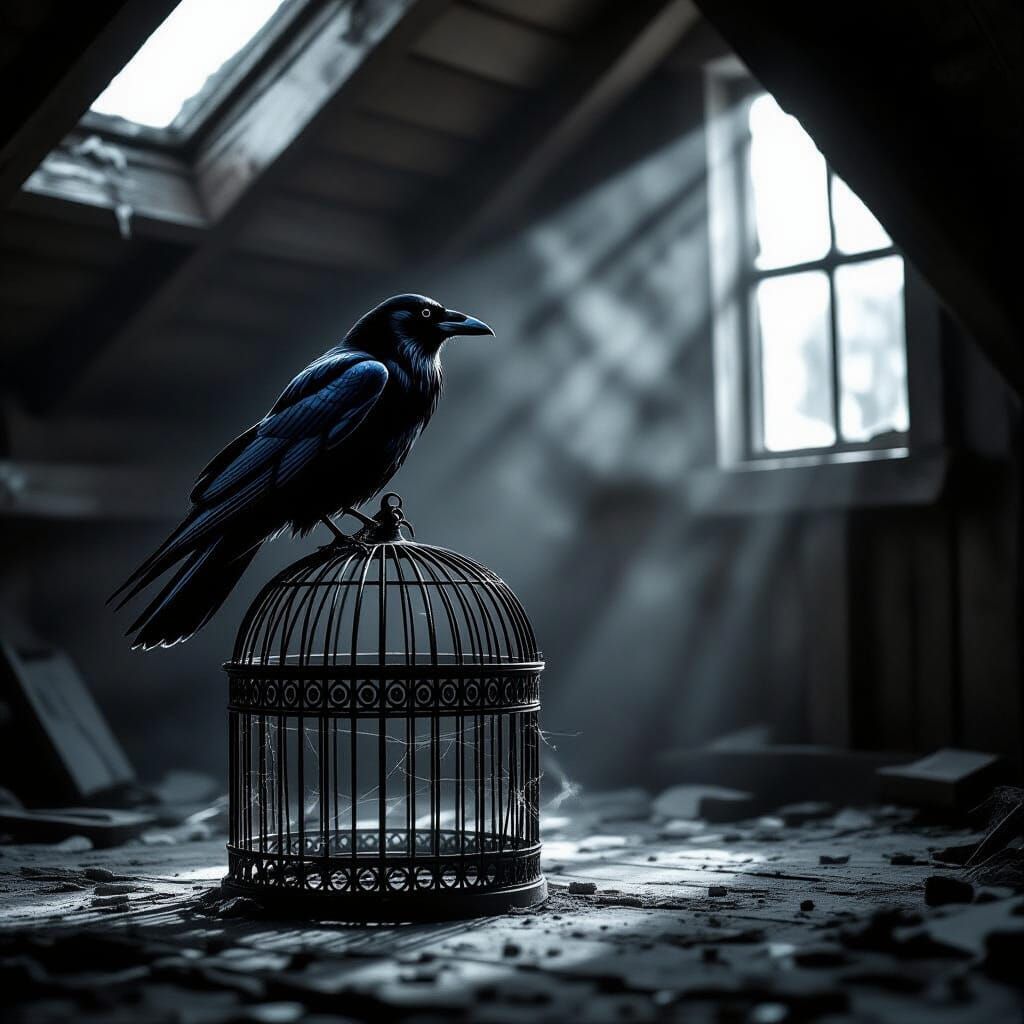 Raven in Spiderweb Birdcage in Moonlit Attic