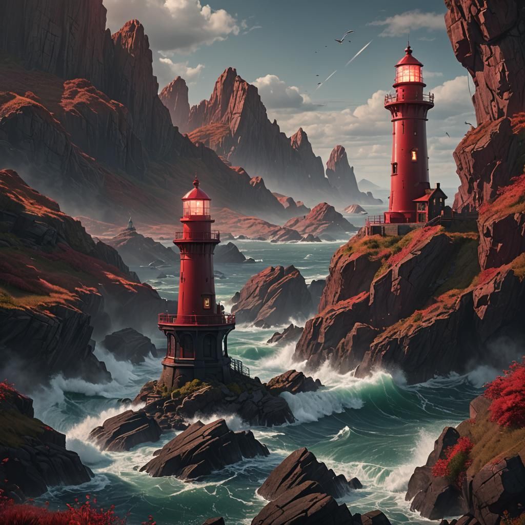 Fantastical Red Glass Lighthouse in Detailed Matte Painting