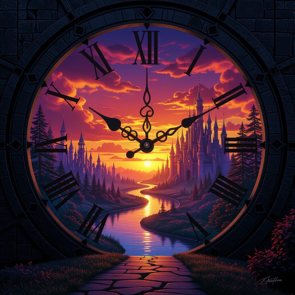 Surreal Landscape Emerging from Ancient Clock Face