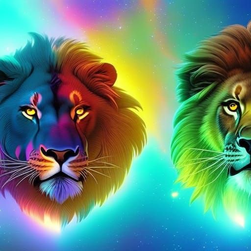 Vibrant Space Lions in Hyperreal Detail