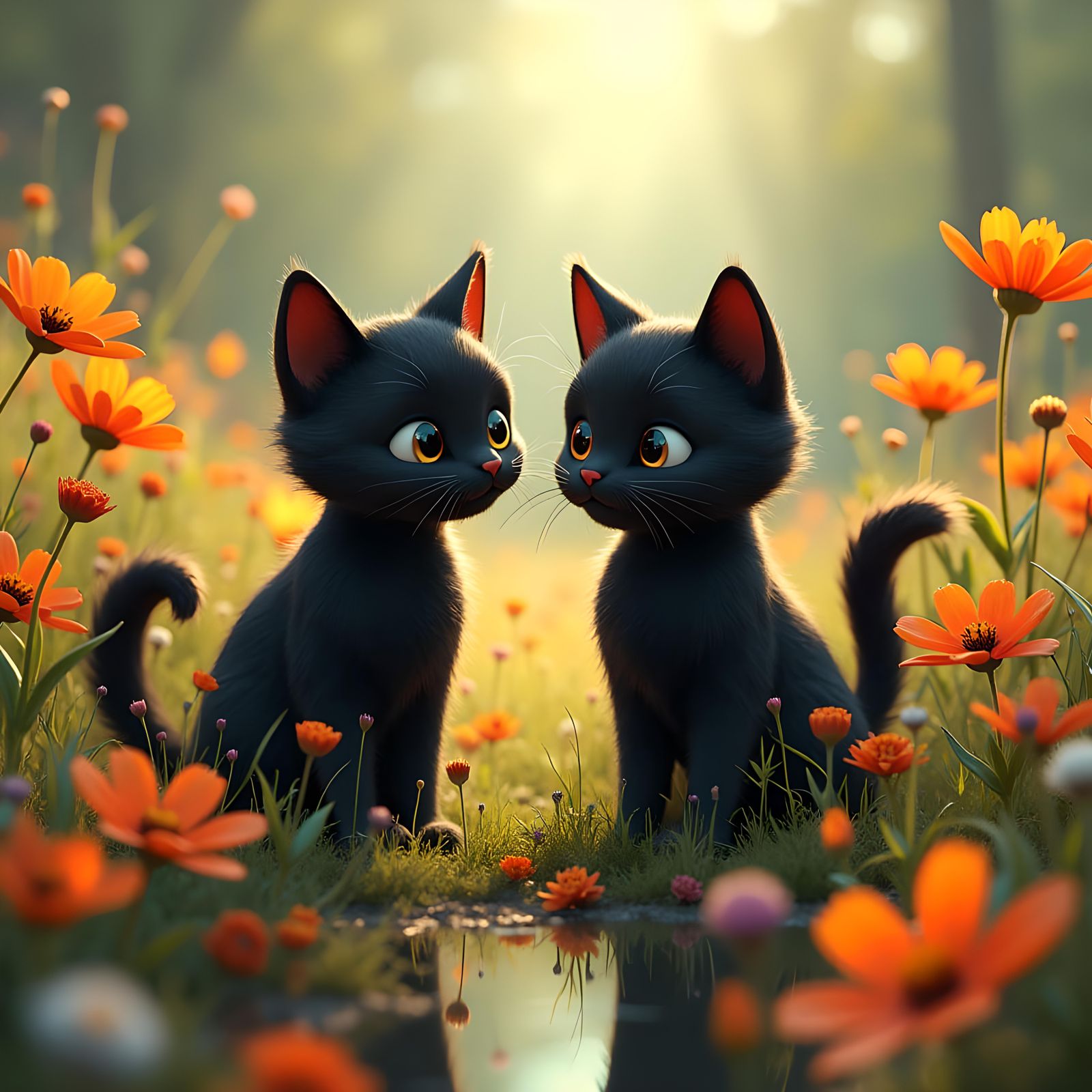 2 animated cute cats with black fur, no changes but have ora...