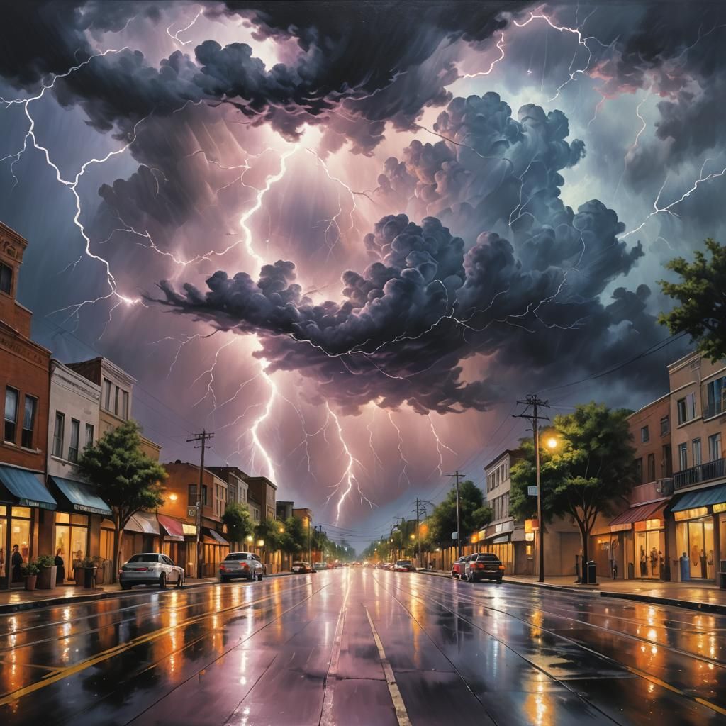 Hyperrealistic Oil Painting of Lightning Over City