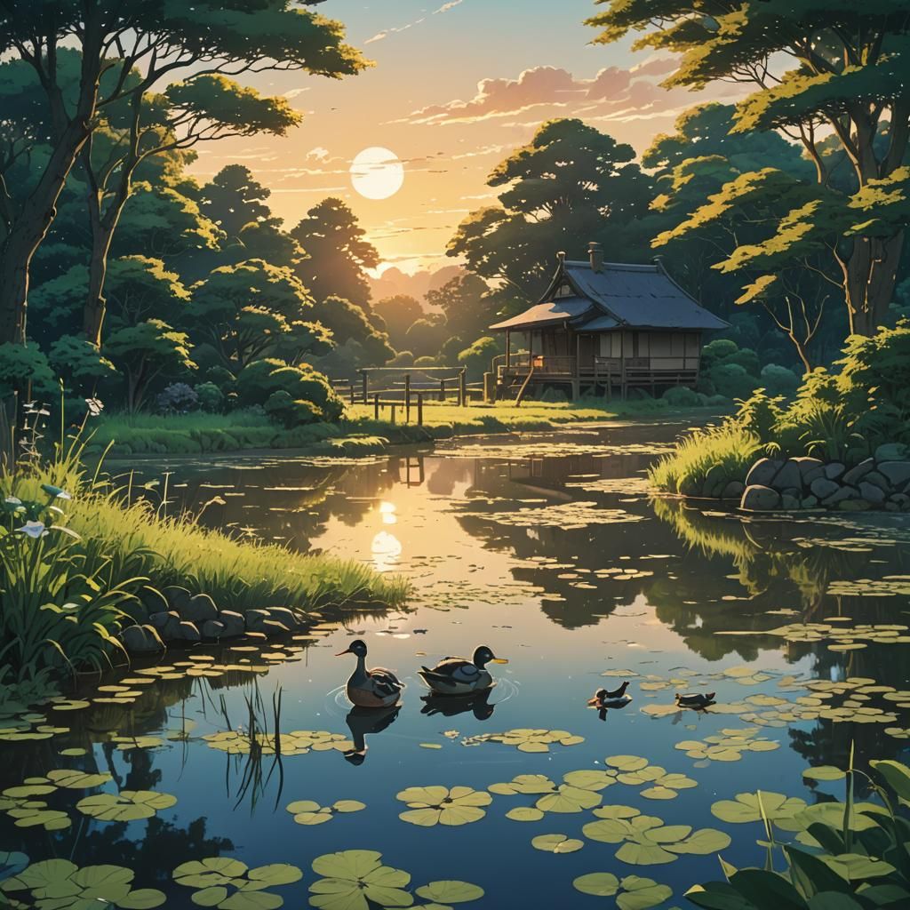 Anime Sunrise Over Duck Pond, Ghibli Style