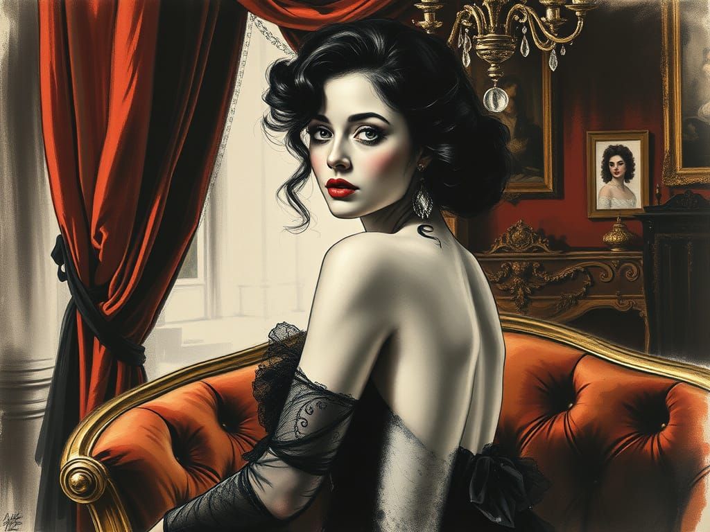 Charcoal Portrait of a Woman in a Parisian Boudoir