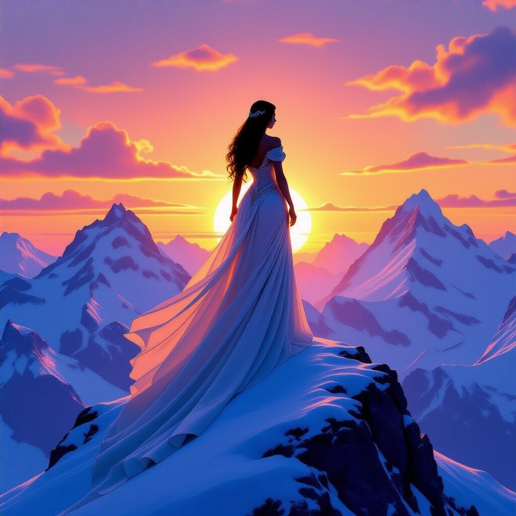 Regal Woman on Snowy Mountain at Sunrise