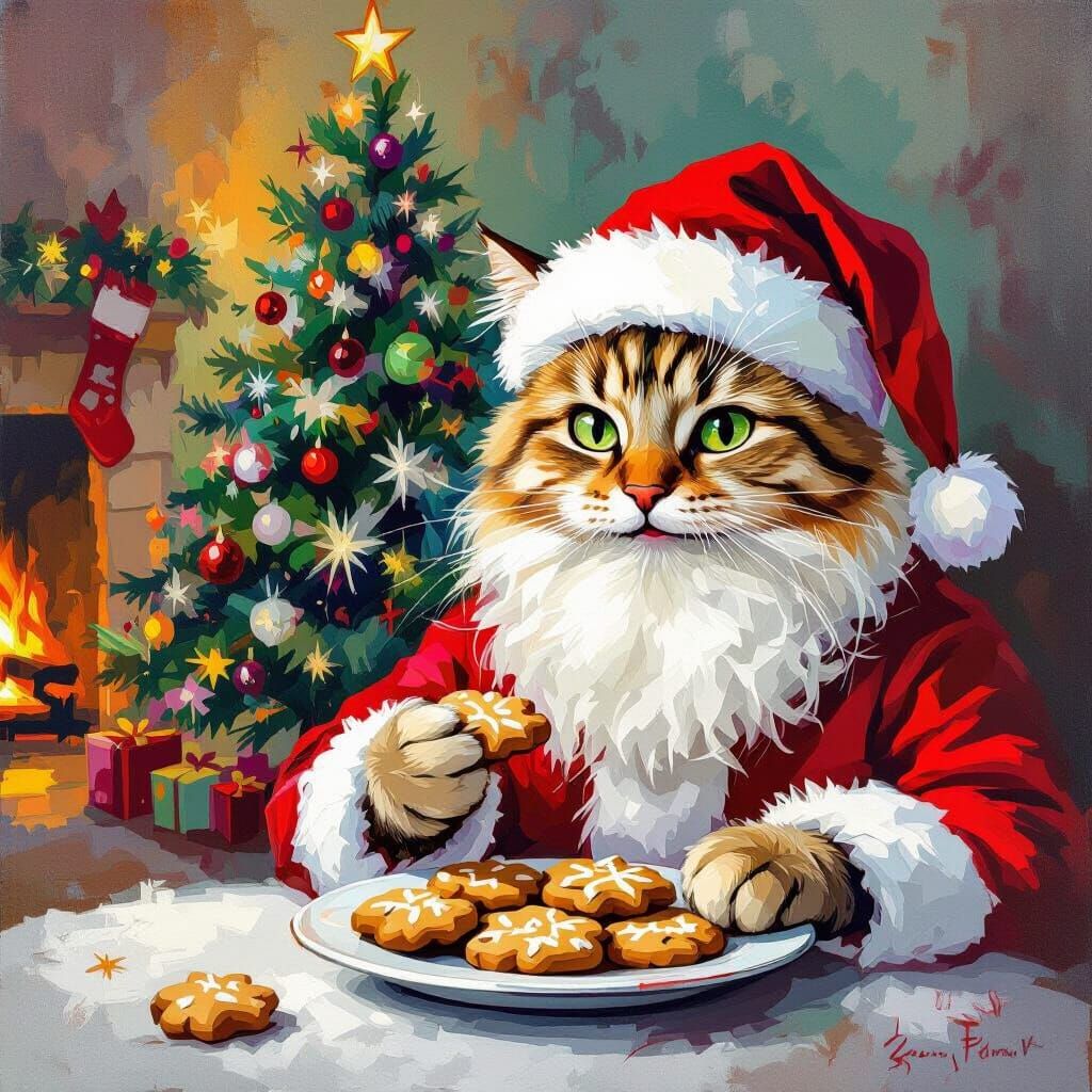 Fluffy Santa Cat Enjoys Cookies by Cozy Fireplace