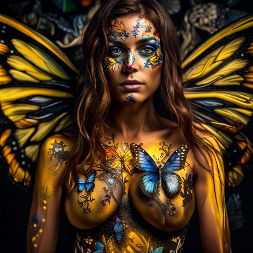 Woman with Butterfly Body Paint in HDR