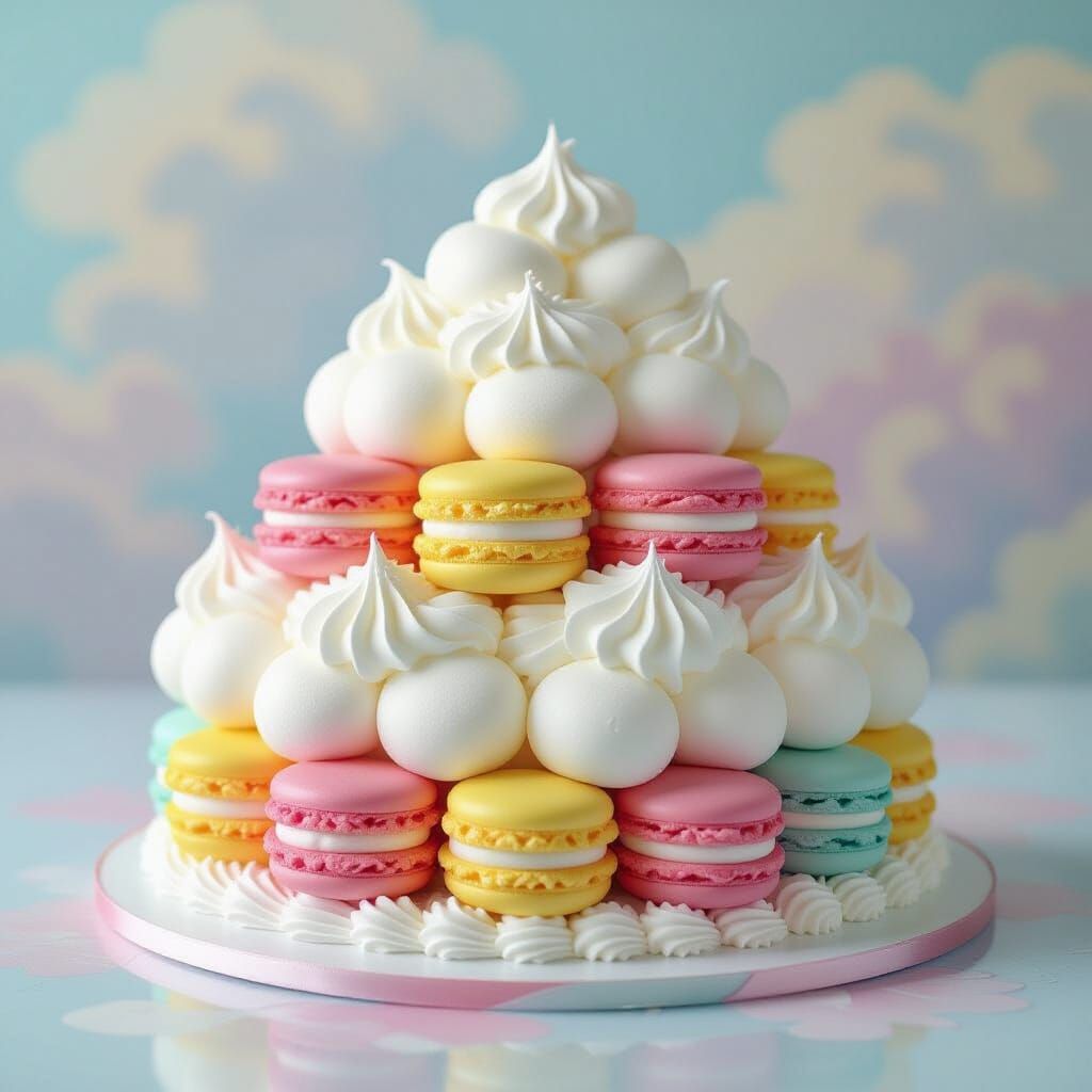 Whimsical Cake of Macaron Clouds in Dreamlike Style