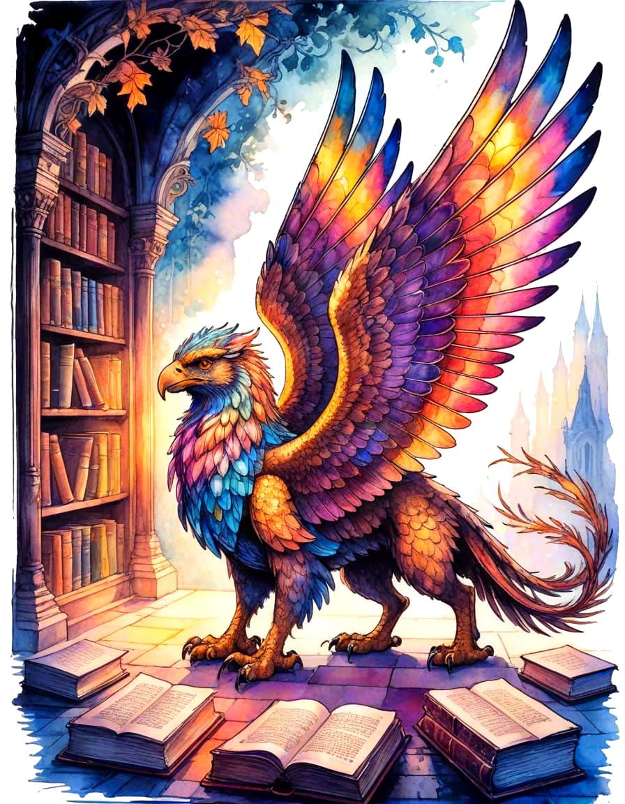 Griffin Guarding a Library: Watercolor and Ink Painting