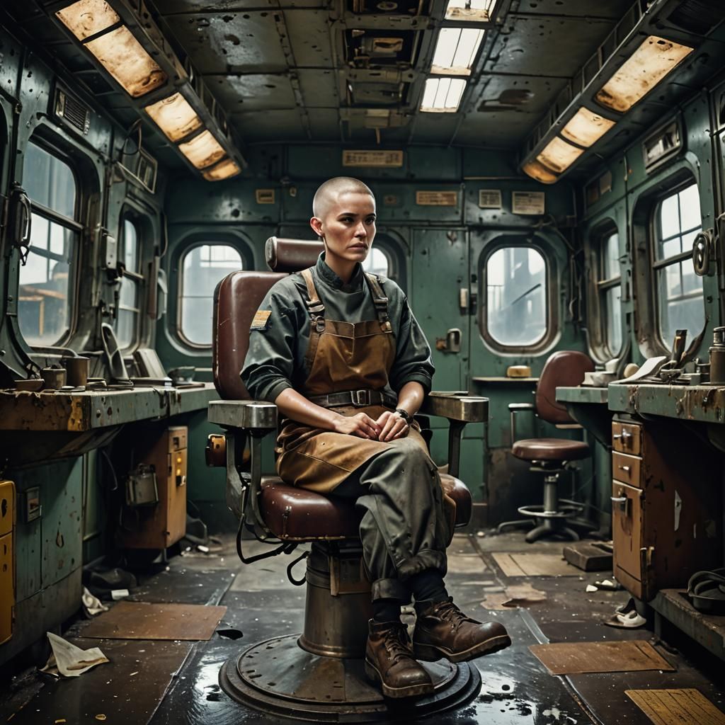 Exhausted Worker in Decrepit Space Barber Shop