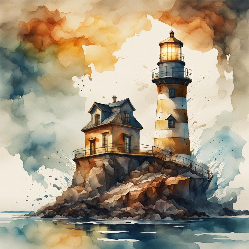 Lighthouse Watercolor and Ink Painting with Coffee Stains