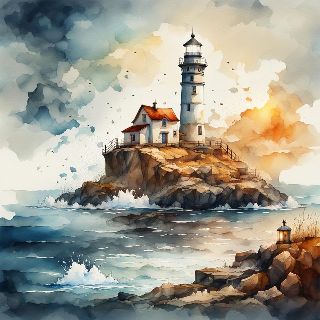 Watercolor Lighthouse with Coffee Stains and Crumpled Paper