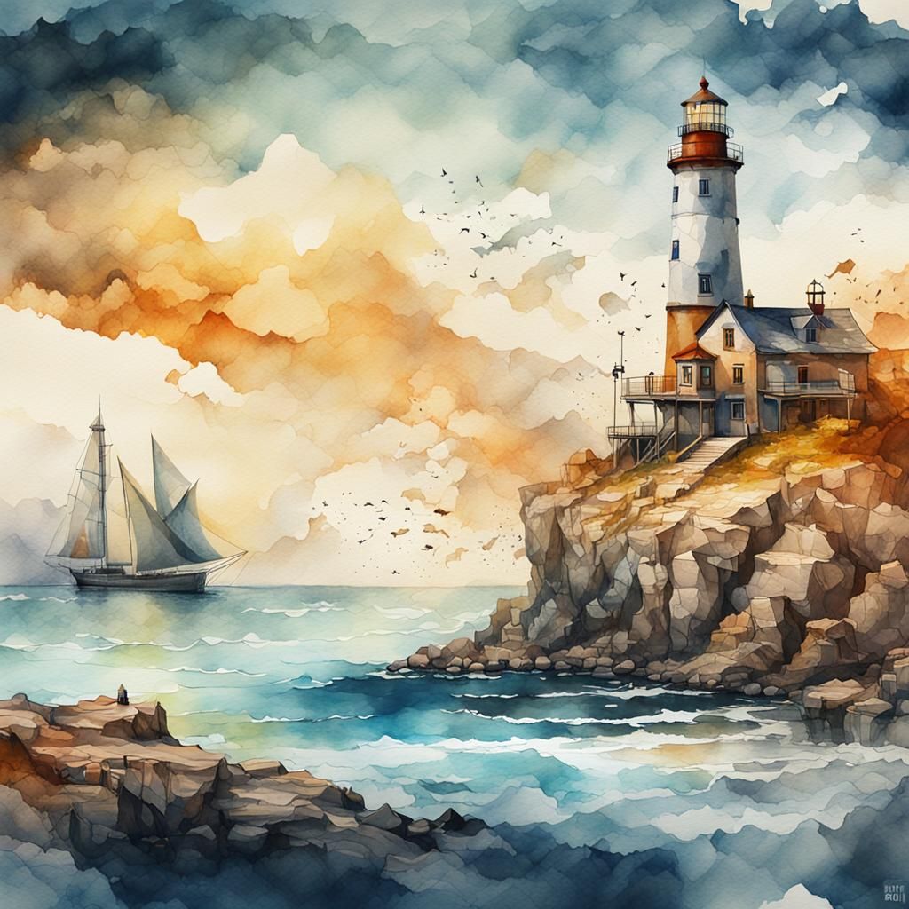 Watercolor Lighthouse by the Sea with Ink Details