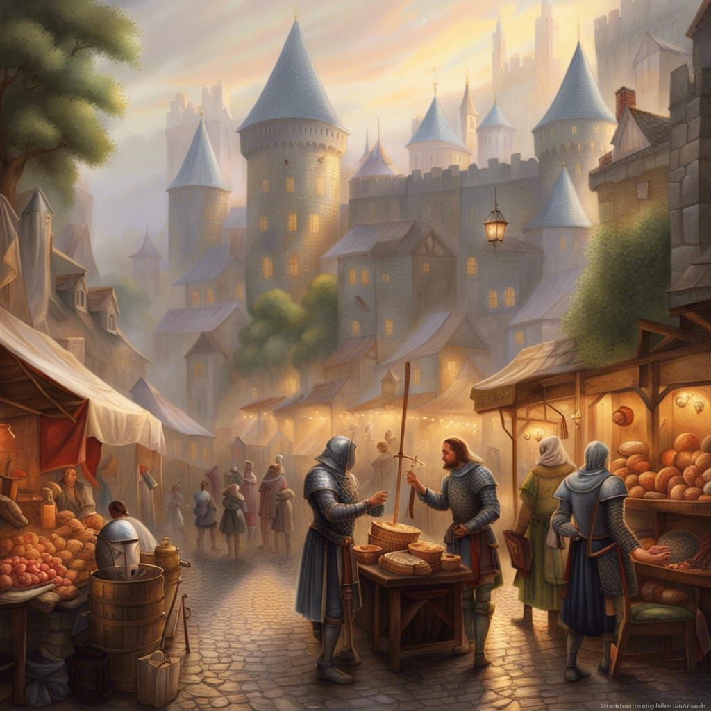 Medieval Market with Knights in Ethereal Style