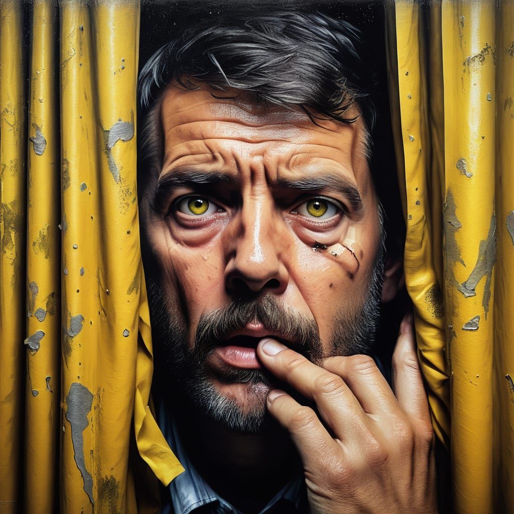 Man Peeking from Behind Yellow Curtain in Grungy Graffiti Ar...