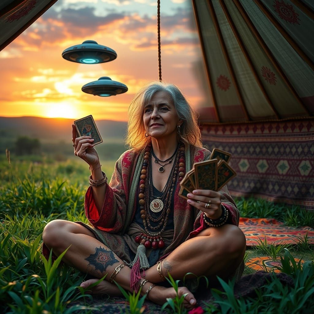 Suntanned Shaman in a Vibrant Yurt, Surrounded by Mystical U...