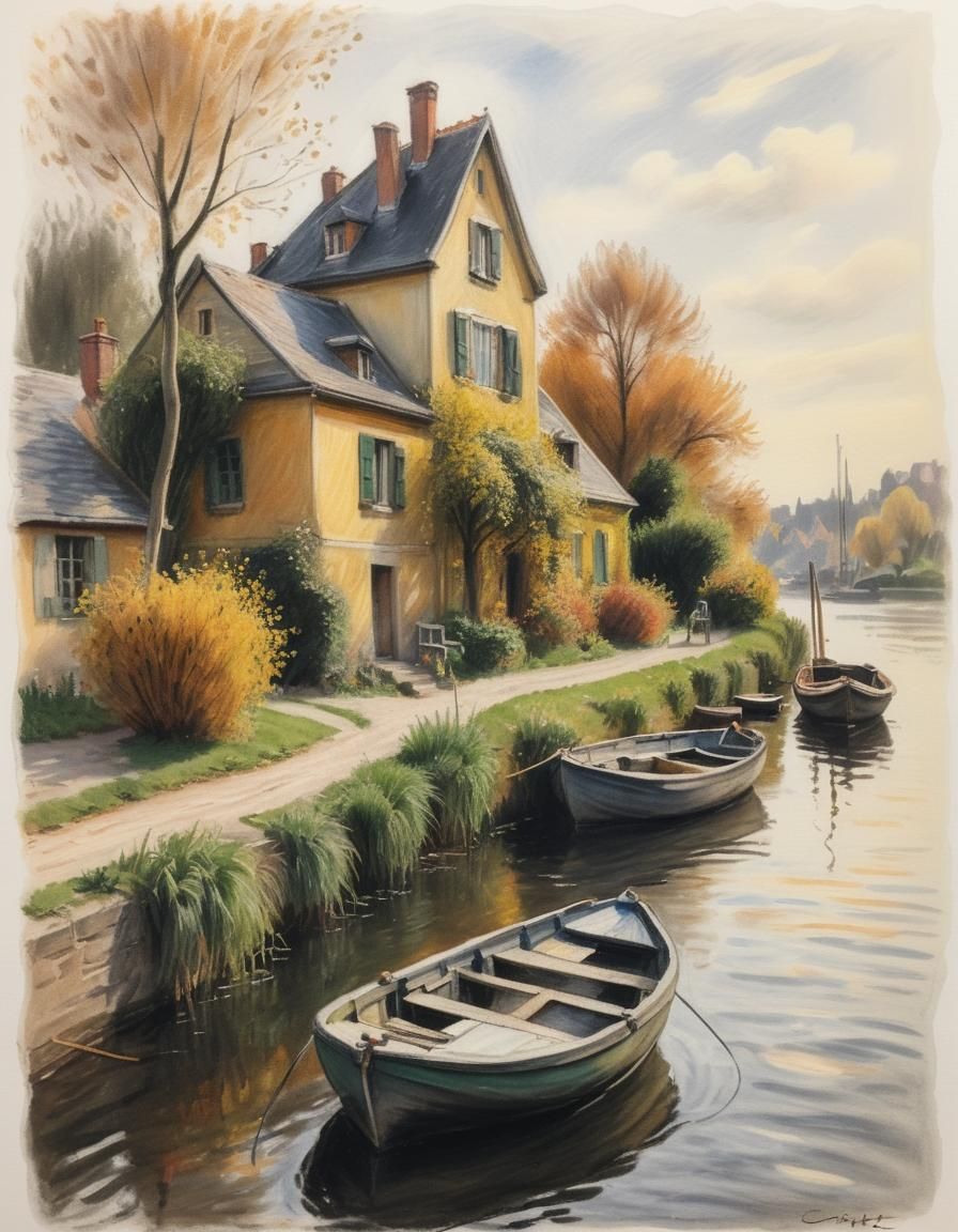 Impressionist charcoal drawing. Medium shot. Beautiful old houses by the river, boats mooring