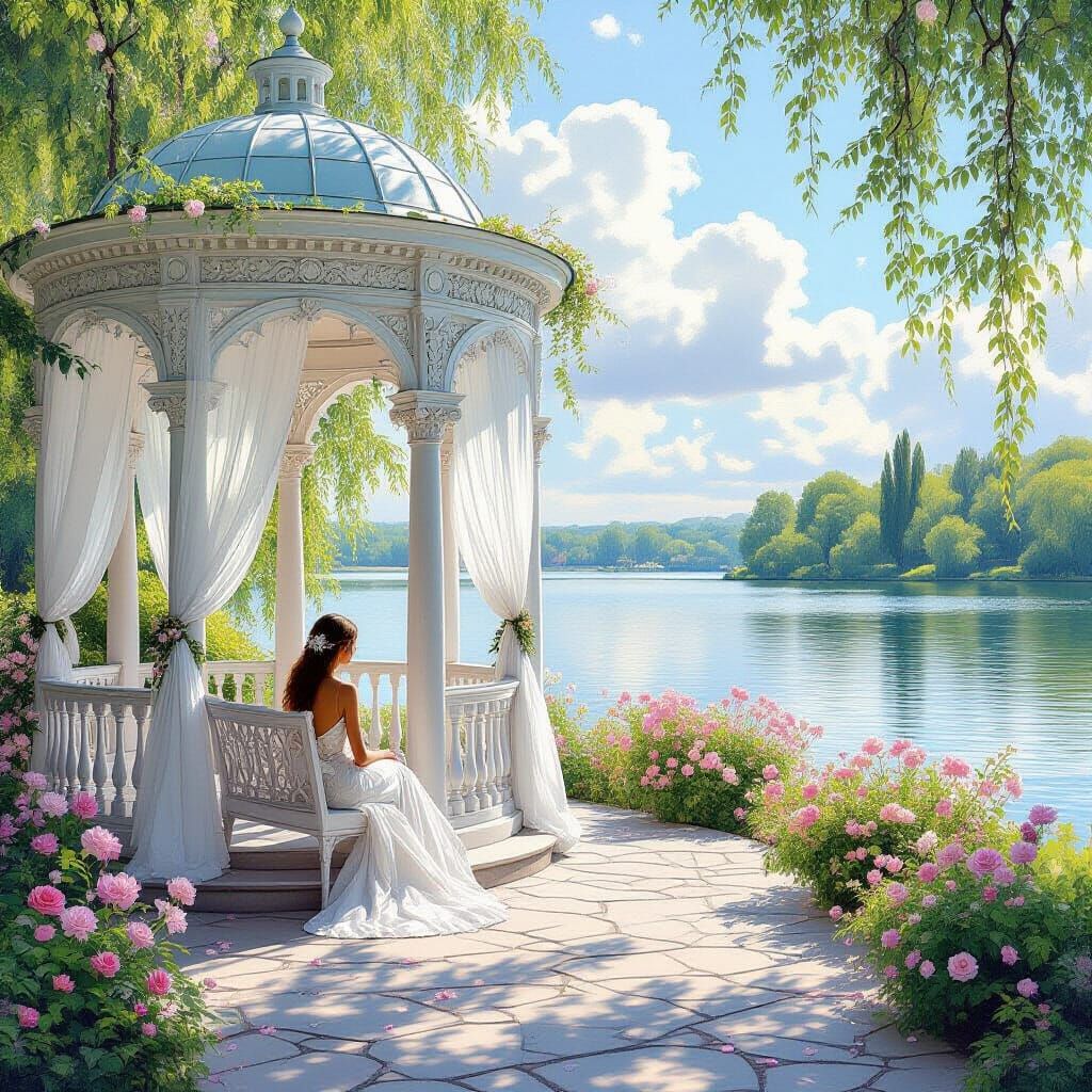 Romantic Lakeside Gazebo in Impressionist Style