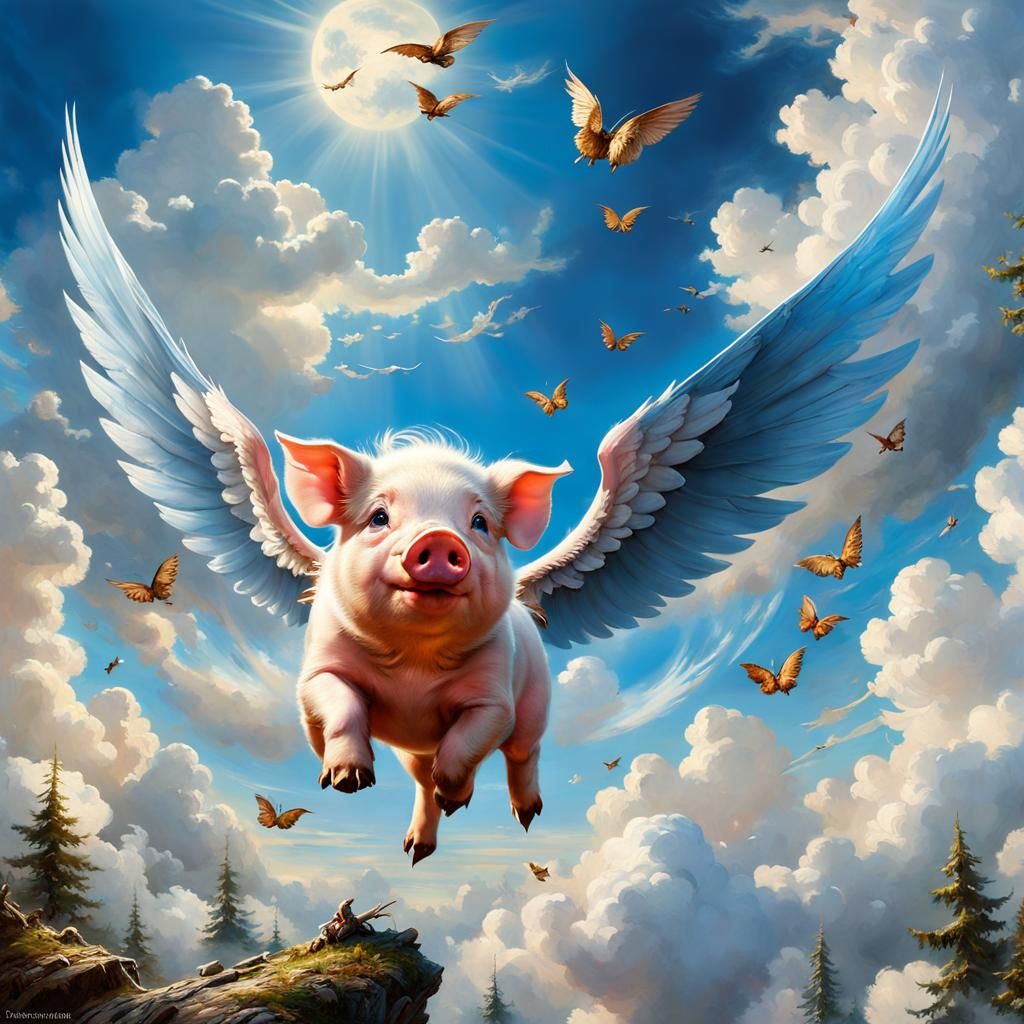 Flying Piglet in Enchanted Sky: Fantasy Concept Art