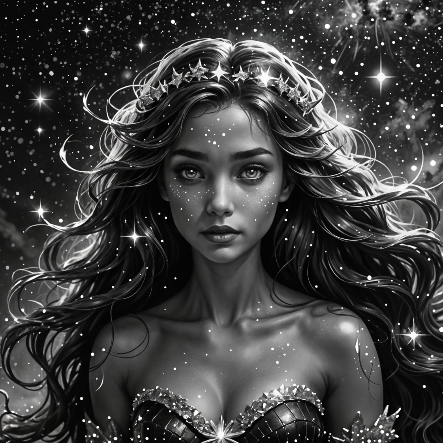 Glowing Mermaid in Night Sky, Black and White Macro Photo