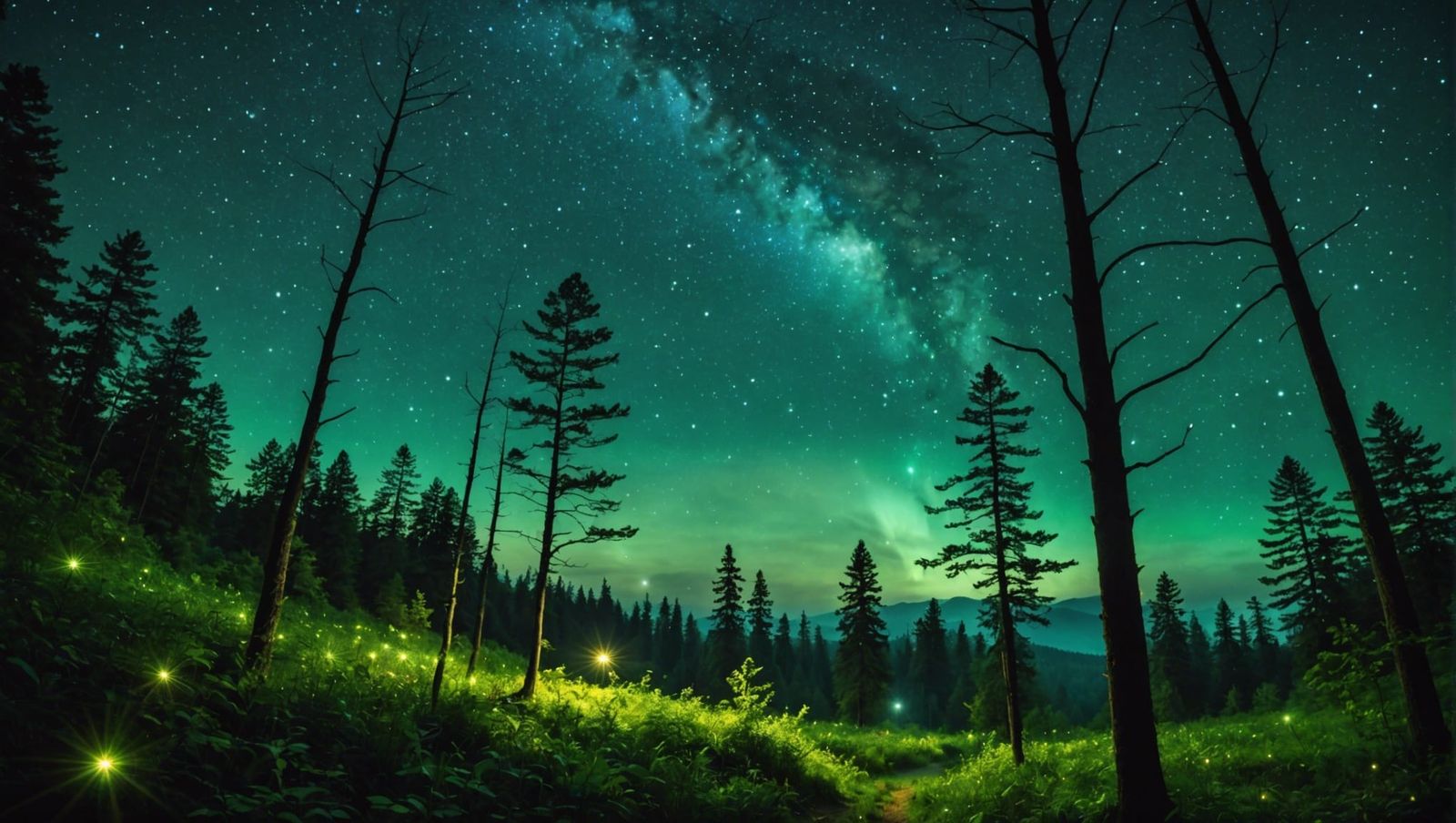 Enchanted Forest with Bioluminescent Fireflies at Night