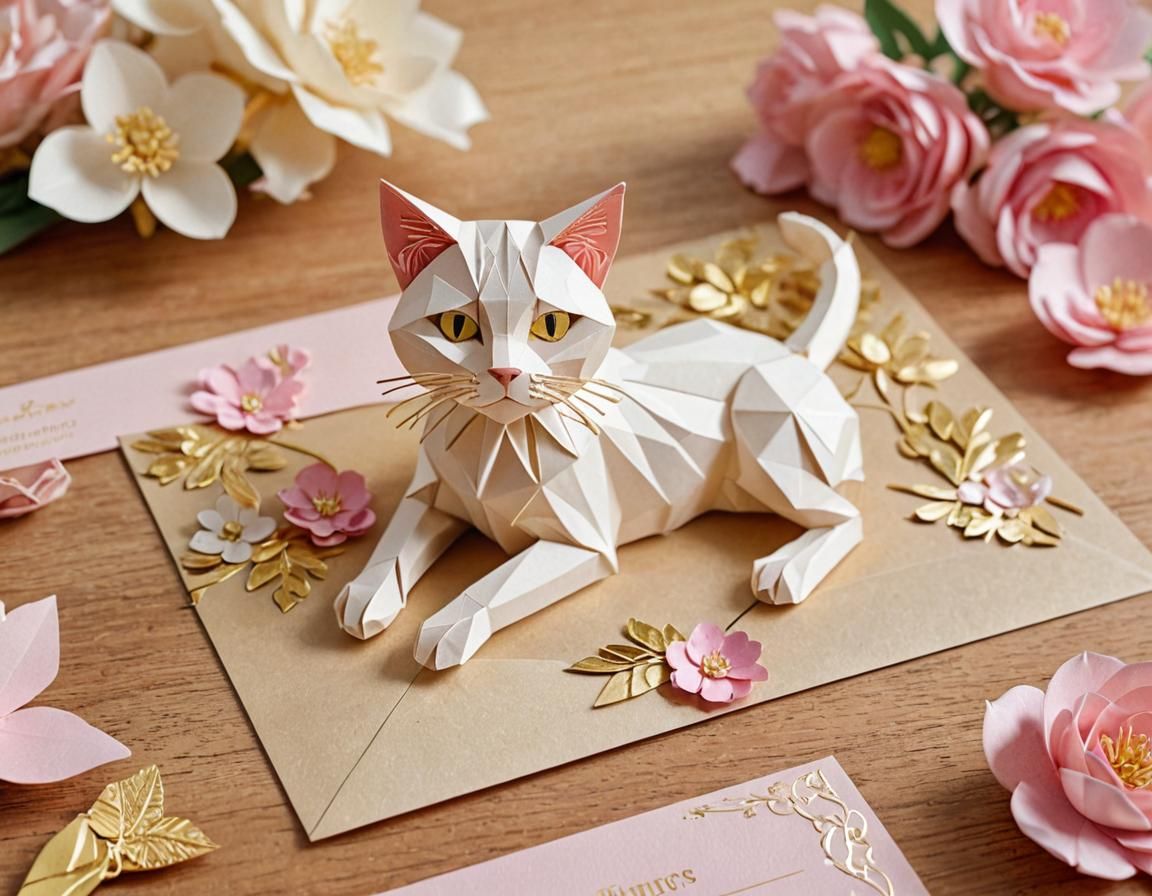 Elegant Origami Invitation Card with Blonde Cat