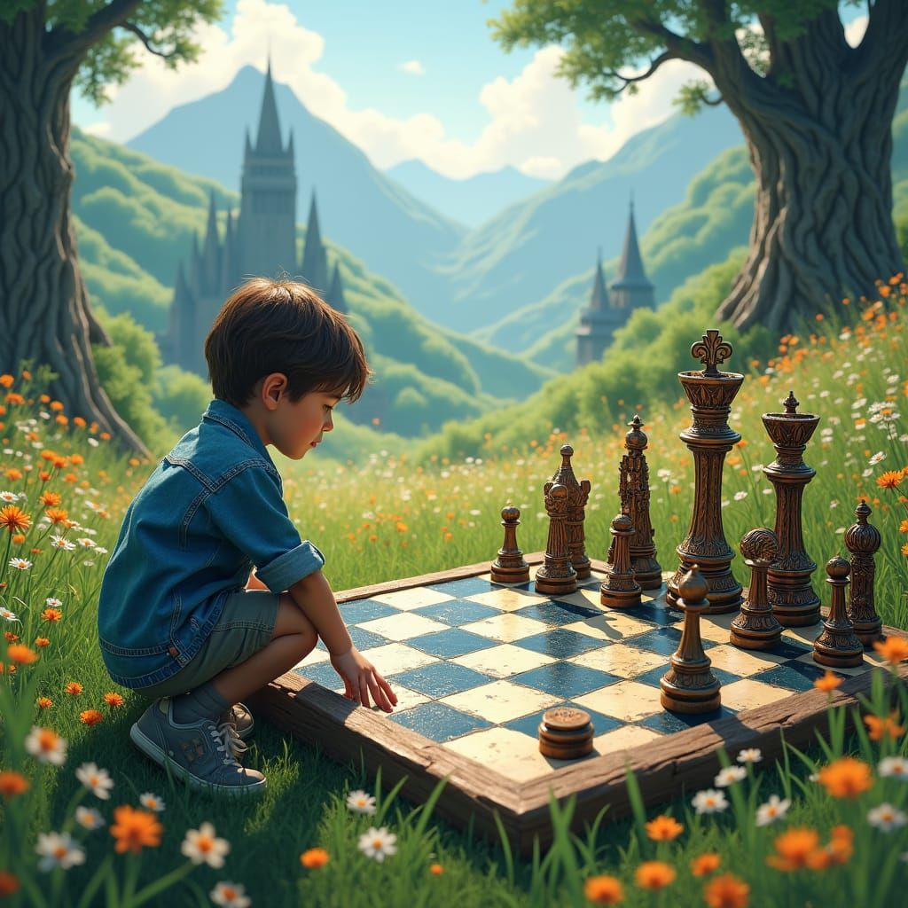 Boy Plays Chess in Magical Meadow