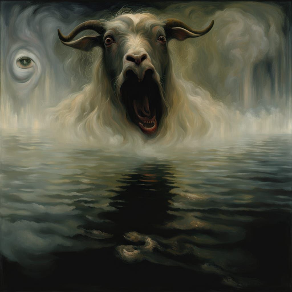 Goat Fading into Fog: Surreal Oil Painting