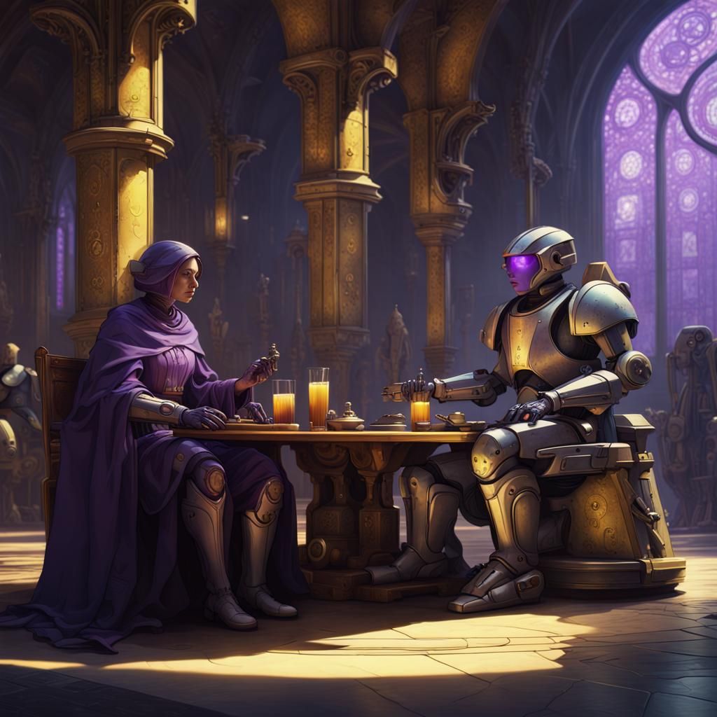 Medieval Figures Meet Futuristic Robots: Dark Fantasy Art