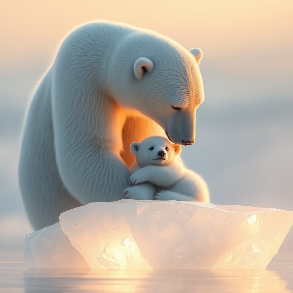 Serenely Majestic Polar Bear Cradling Baby on Crystal Iceber...