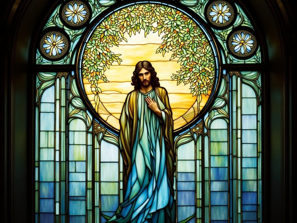 Tiffany Stained Glass God Creating Man with Sunrise
