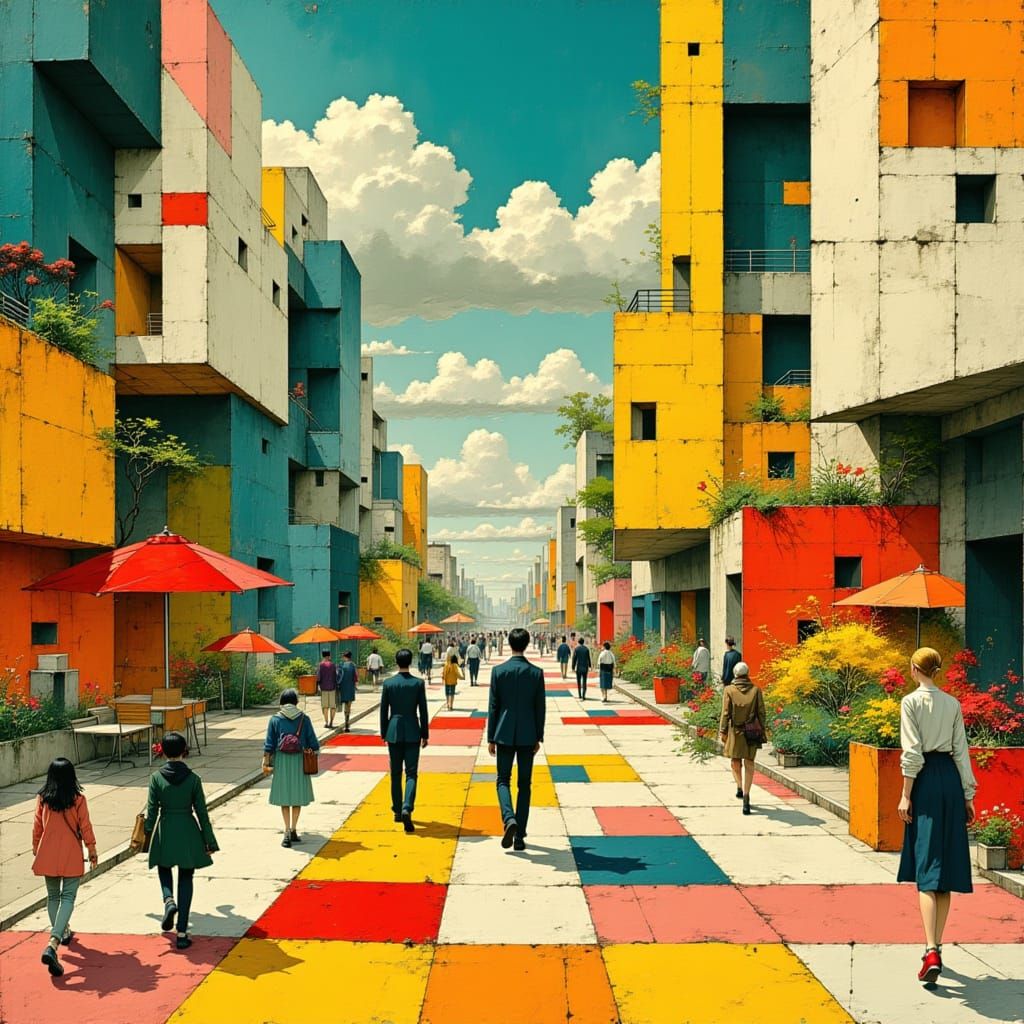 People on a Checkerboard Sidewalk in Whimsical Art Style