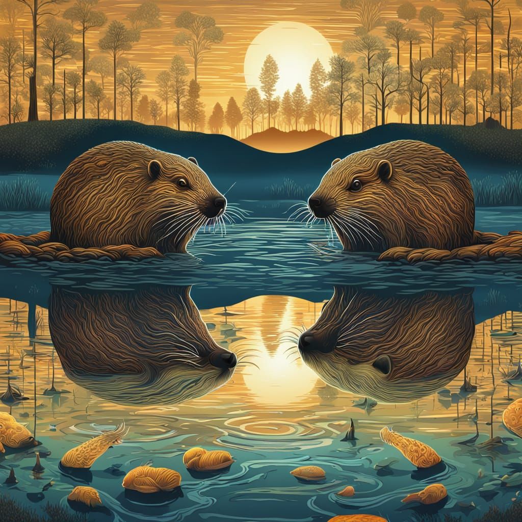 Surreal Beavers on Dam in Folk Art Style