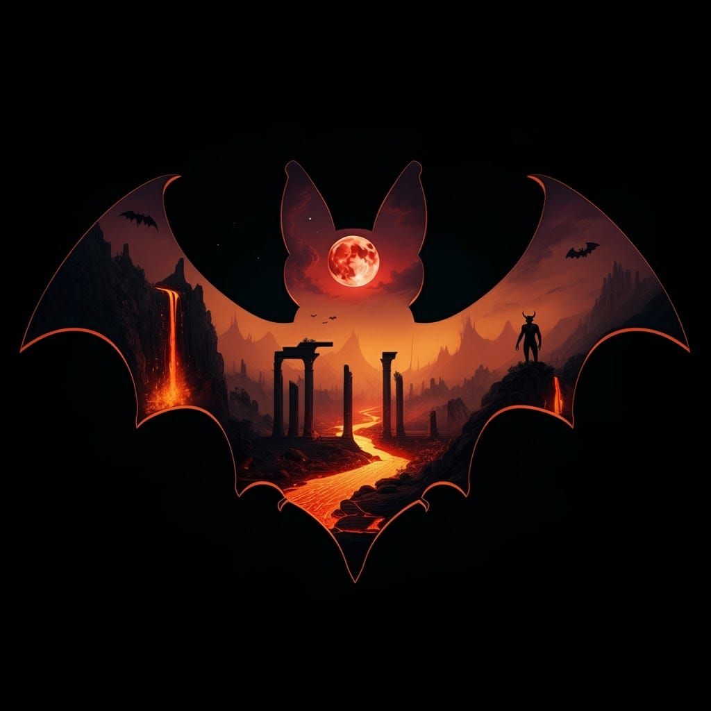 Bat Silhouette Containing Apocalyptic Landscape in Surreal S...
