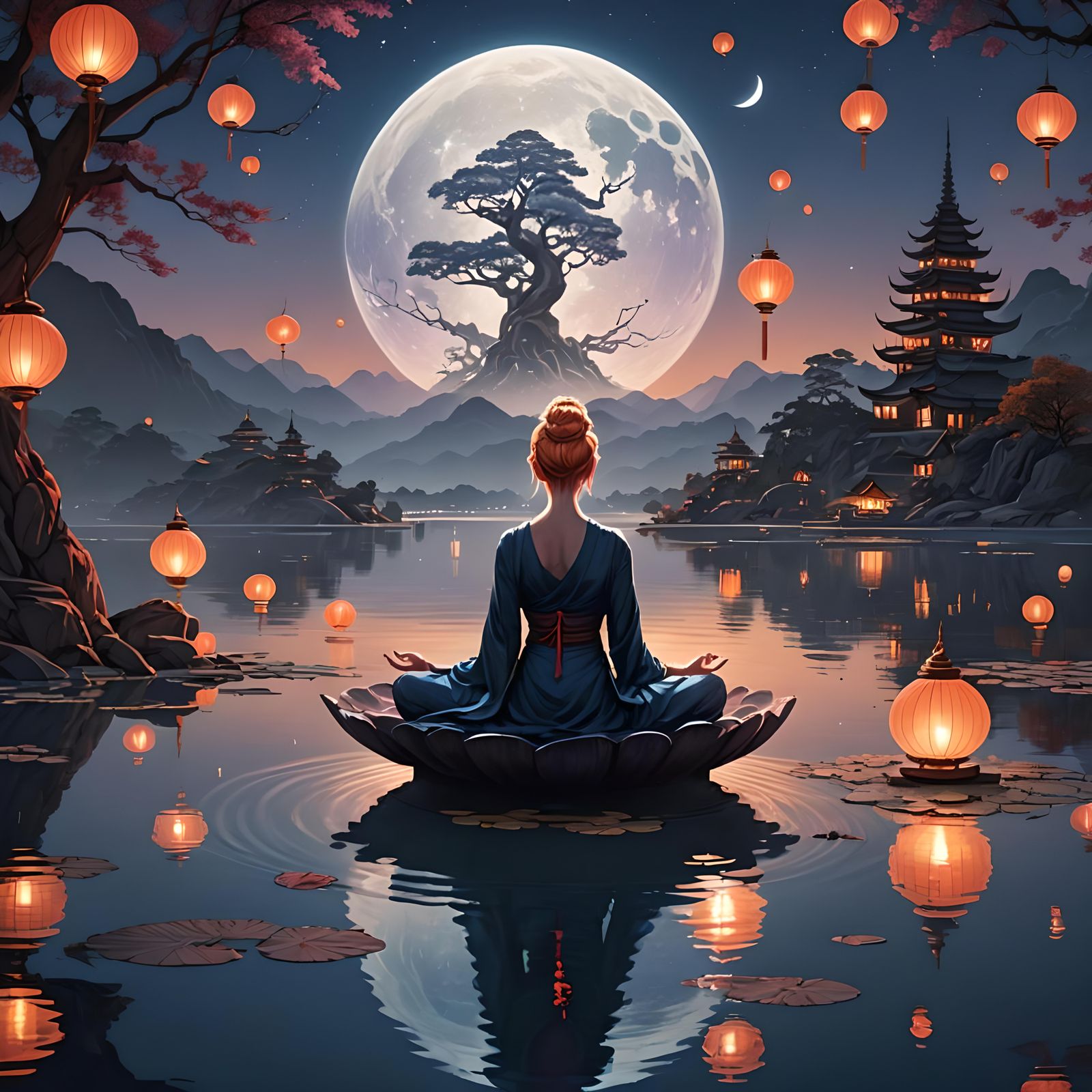 Meditative Woman by Tranquil Lake at Night