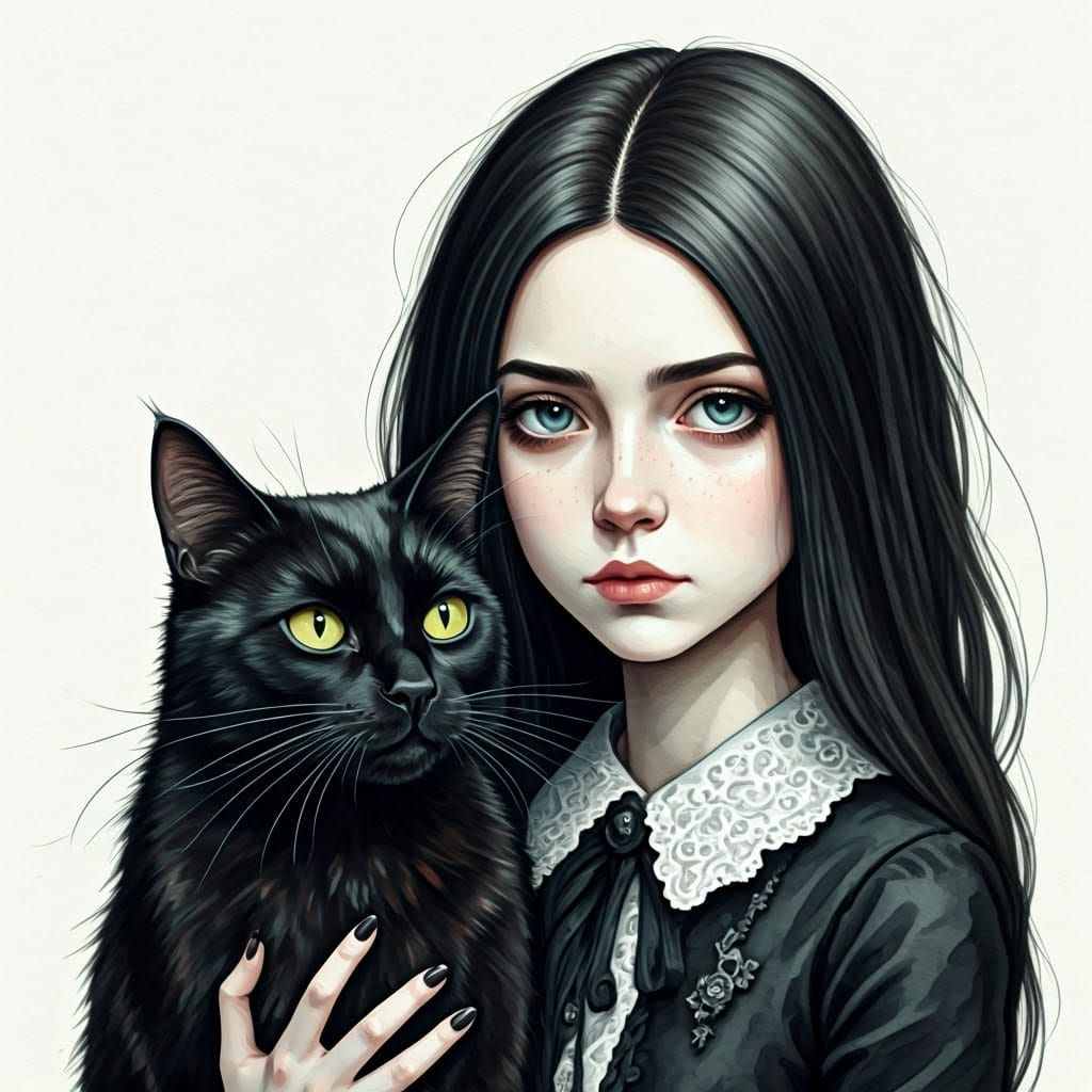 Gothic Watercolour Portrait of a Girl with a Black Cat
