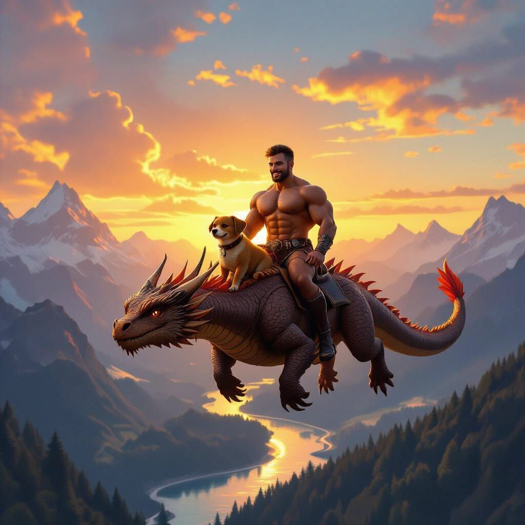 Bodybuilder and Dog Ride Dragon Over Mountains at Sunset
