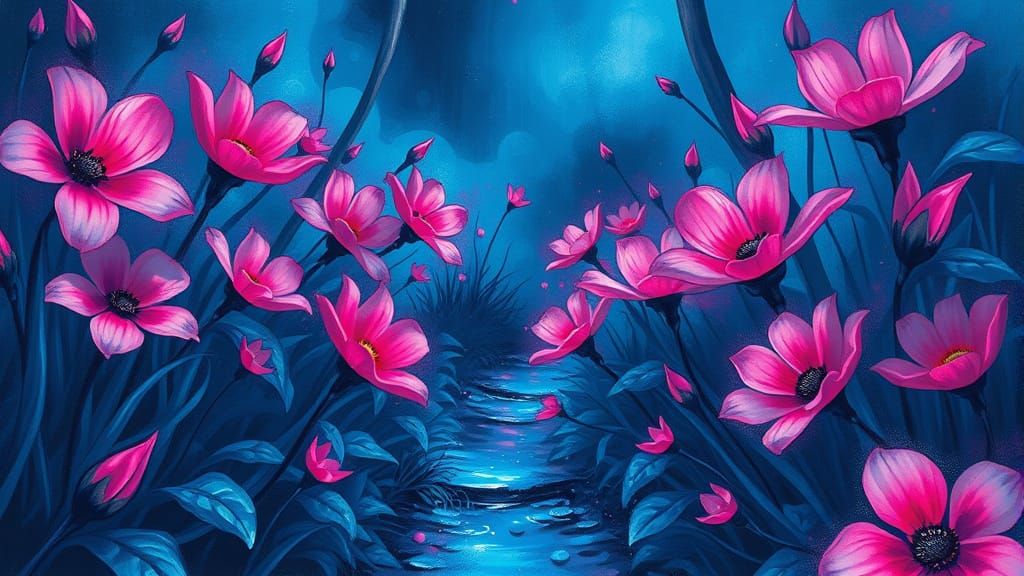 Mystical Garden with Glowing Flowers in Graffiti Art Style