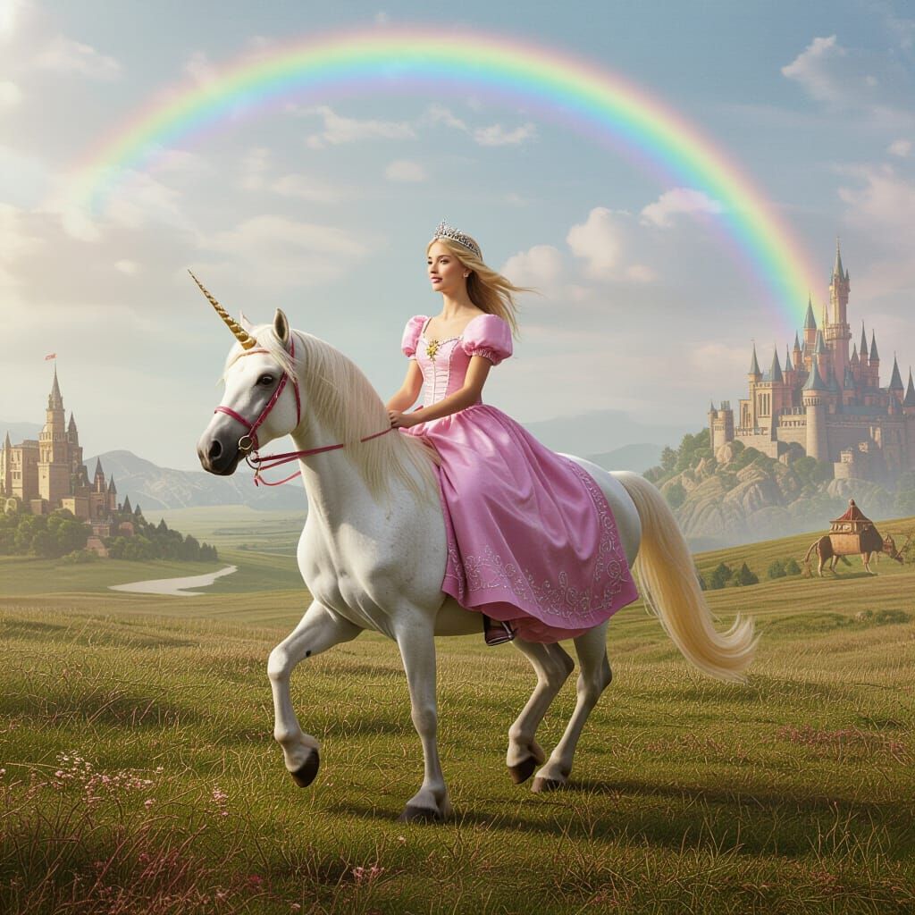 Fairytale Princess on Unicorn in Surreal Landscape