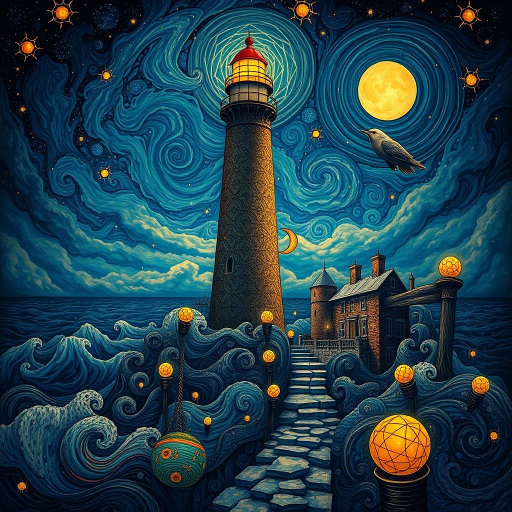 Surreal Lighthouse Scene with Ethereal Lights and Patterns