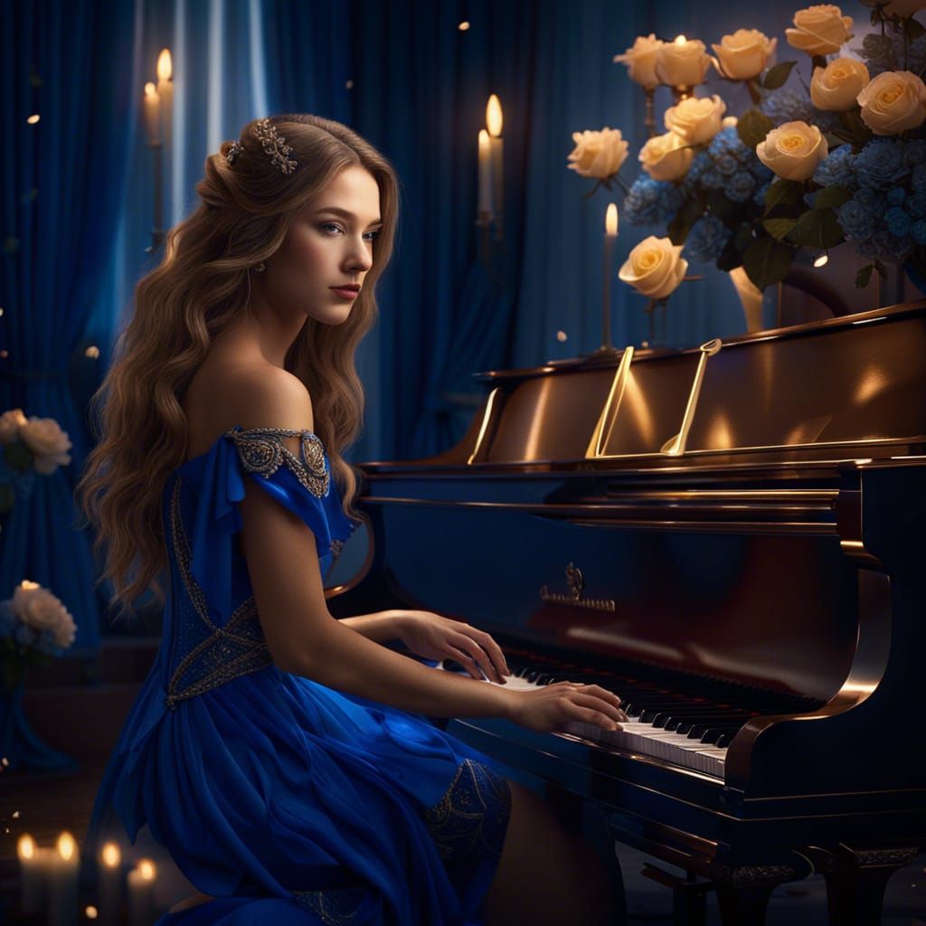 Woman Pianist in Blue Dress at Grand Piano