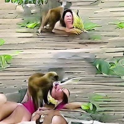Monkey Eating a Woman's Face: Photorealistic Image
